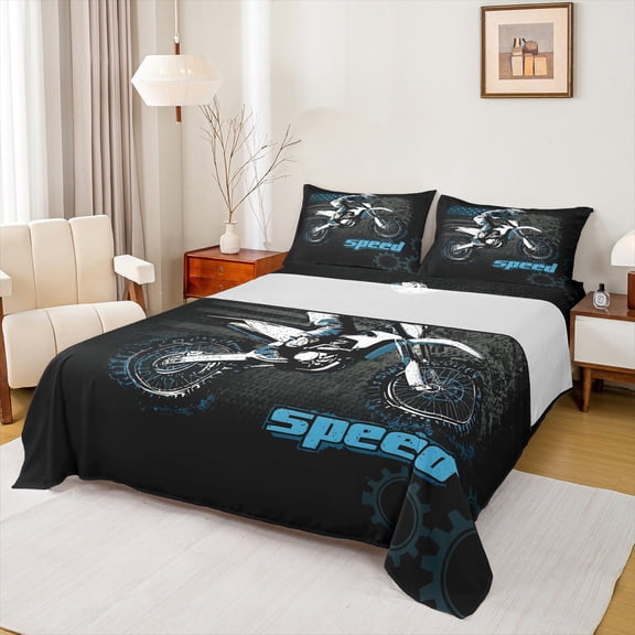Homewish Dirt Bike Bed Sheets,Speed Motorcycle Motocross King Sheets,Extreme Sport Sheet Set For Boy,Microfiber Bedroom Decor,4 Pieces