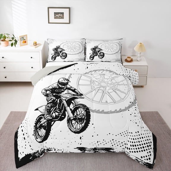 Homewish Dirt Bike Boy 2pcs Bedding Comforter Set,Extreme Sport Twin Comforter Sets,Graffiti Splash Breathable Bedding Set,Microfiber Bedroom Decor,Reversible