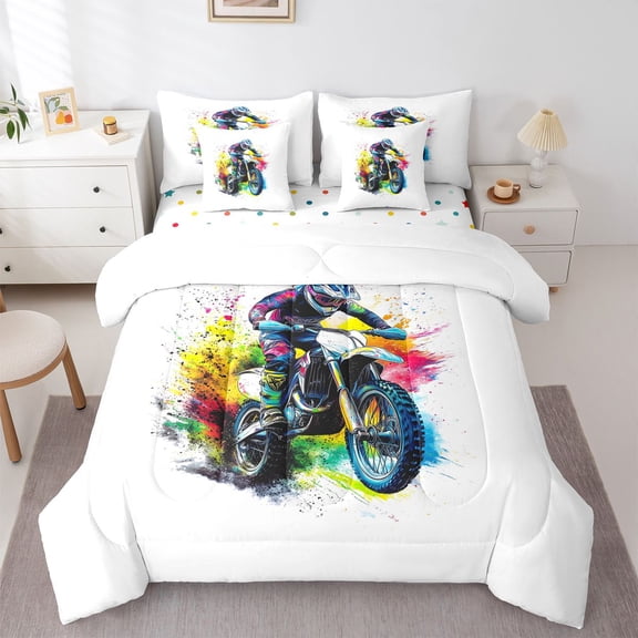 Homewish Dirt Bike Boy 7-Piece Bedding Comforter Set,Extreme Sport King Bedding Sets,Graffiti Splash Ultra Soft Bed Sheets,Microfiber Bedroom Decor,Reversible