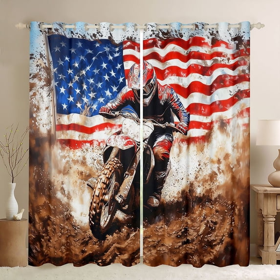 Homewish Dirt Bike Boy Girl Black Out Curtains,Usa Flag Curtains Pack of 2 (42x63 Each),Extreme Sport Bedroom Curtains,Super Cozy Room Decor