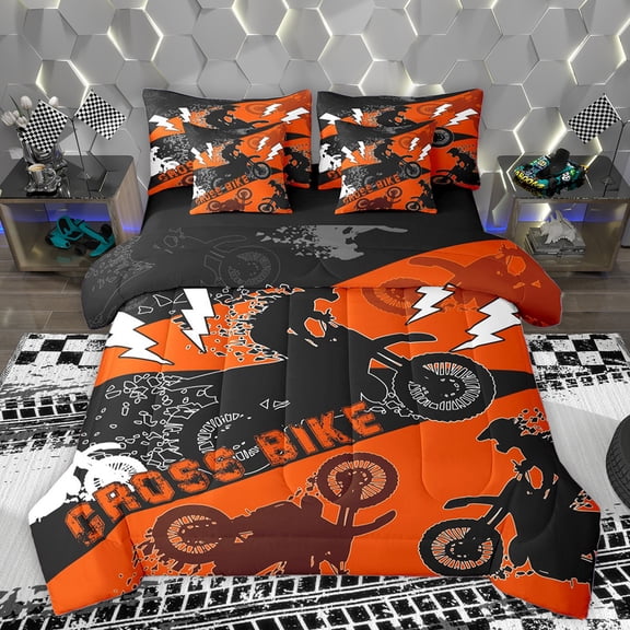Homewish Dirt Bike Game 7-Piece Bedding Comforter Set,Speed Extrame Sport King Bedding Sets,Black Orange Bed Sheets For Kids,Microfiber Bedroom Decor Reversible