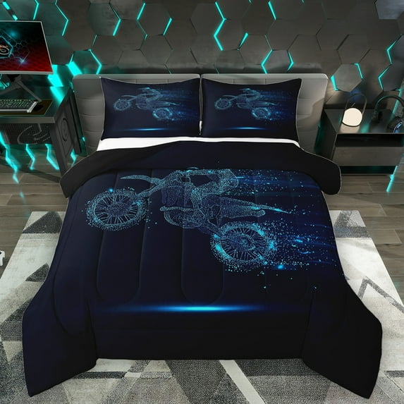 Homewish Dirt Bike Queen Comforter Set,Extreme Sport Bedding Sets,Blue Black Bedding Comforter Set Teens,Ultra Soft Home Decor Reversible,3-Piece