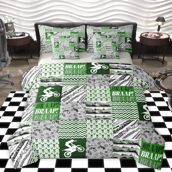 Homewish Dirt Bike Teens Bedding Comforter Set 7 Pieces, Motorcycle Extreme Sports Full Bedding Set, Green Fashion Abstract Reversible Fitted Sheet Flat Sheet, Super Cozy Room Decor
