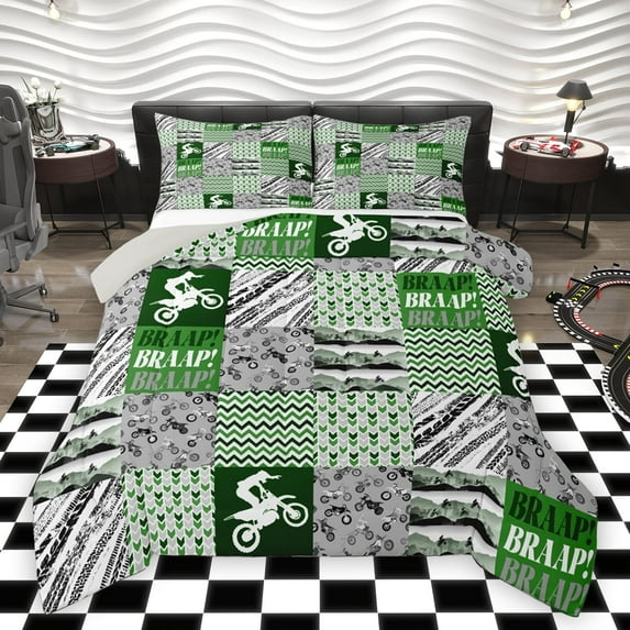 Homewish Dirt Bike Teens Bedding Comforter Set, Motorcycle Extreme Sports Twin Comforter Sets, Green Fashion Abstract Reversible Bedding Set, Super Cozy Room Decor, 2-Piece