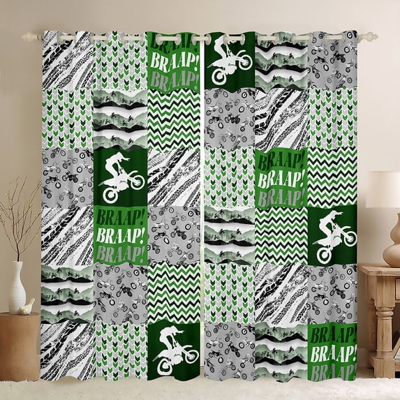 Homewish Dirt Bike Teens Black Out Curtains, Motorcycle Extreme Sports Curtains Pack of 2 (42x63 Each), Green Fashion Abstract Bedroom Curtains, Curtains and Drapes Room Decor