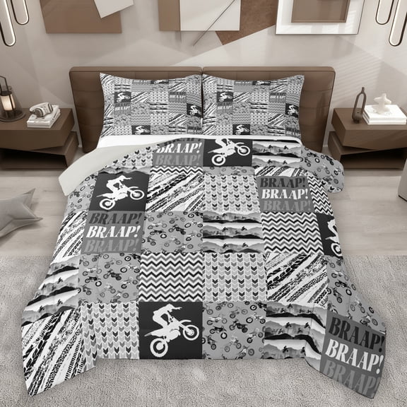Homewish Dirt Bike Teens Full Size Comforter Sets, Motorcycle Extreme Sports Bedding Comforter Set, Grey Fashion Abstract Reversible Bedding Sets, Microfiber Bedroom Decor, 3-Piece