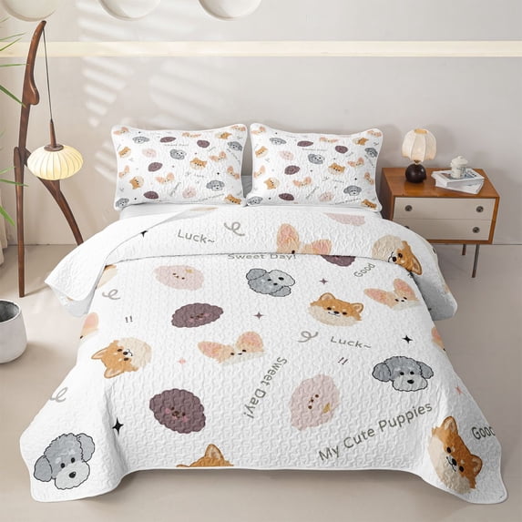 Homewish Dog Bed Spread Queen,Luck Good Sweet Day My Cute Puppies Print Queen Coverlet Set,White,3 Pieces