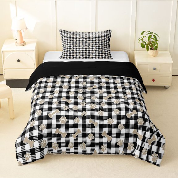 Homewish Dog Paw Bone Twin Comforter Sets,Rustic White Black Plaid Bedding Set,Pet Themed Decor,Black Reversible,2pcs,1 Comforter and 1 Pillowcase