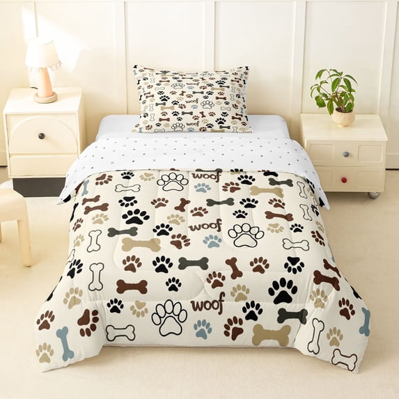 Homewish Dog Paw Bone Twin Comforter Sets,Woof Print Bedding Set,Beige,Reversible,2pcs,1 Comforter and 1 Pillowcase