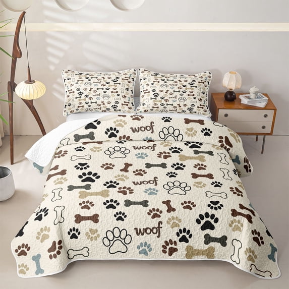 Homewish Dog Paw Bone Twin Quilt Set,Woof Print Twin Coverlet Set,Beige,2 Pieces