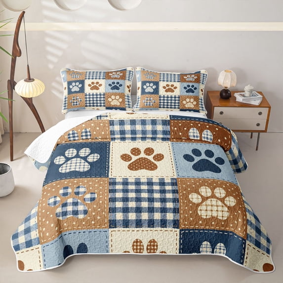Homewish Dog Paw Checked Quilt Full,Vintage Pet Theme Full Bedspread Sets,Blue,3 Pieces