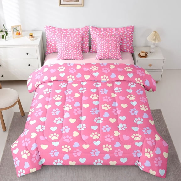 Homewish Dog Paw Print 7-Piece Twin Bedding,Cute Pet Themed Bedding Comforter Set,Pink,Pink Reversible