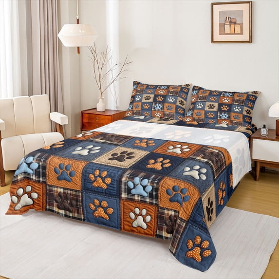 Homewish Dog Paw Print Bed Sheets,Patchwork Plaid Full Size Sheets,Brown Blue,4-Piece,1 Flat Sheet, 1 Fitted Sheet and 2 Pillowcases