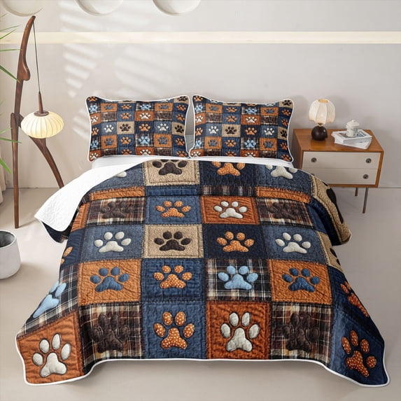 Homewish Dog Paw Print Bed Spread Queen,Patchwork Plaid Queen Coverlet Set,Brown Blue,3-Piece