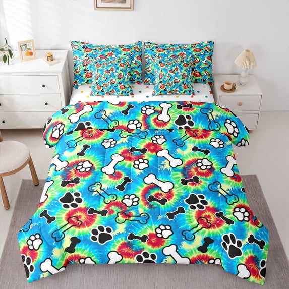 Homewish Dog Paw Prints 7pcs Queen Bedding,Retro Hippie Pet Bedding Comforter Set Queen,Green Blue,Polkadot Reversible