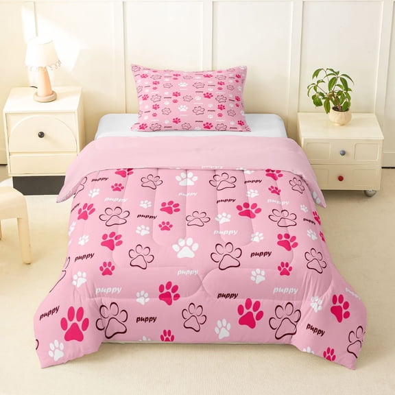Homewish Dog Paw Twin Comforter Sets,Cartoon Pet Bedding Set,Pink,Puppy Print Decor,Pink Reversible,2 Pieces,1 Comforter and 1 Pillowcase