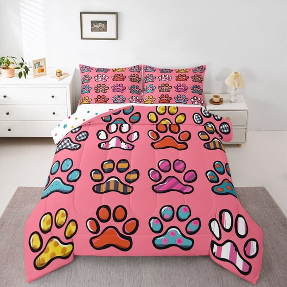 Homewish Dog Paws Full Size Comforter Sets,Cartoon Animal Bedding Comforter Set,Pink,Polkadot Reversible,3-Piece,1 Comforter and 2 Pillowcases