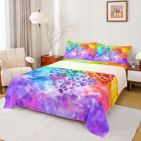 Homewish Dog Paws Heart Queen Sheets,Watercolor Tie Dye Print Queen Sheet Sets,Green Purple,4 Pieces,1 Flat Sheet, 1 Fitted Sheet and 2 Pillowcases