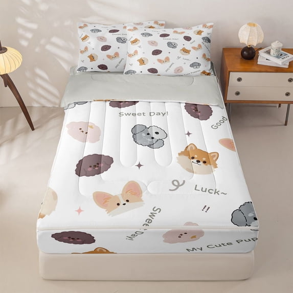 Homewish Dog Zipper Queen Comforter Set with Fitted Sheet and 2 Pillowcases,Luck Good Sweet Day My Cute Puppies Print Zipper Bedding Set,White,Light Gray Reversible,4pcs