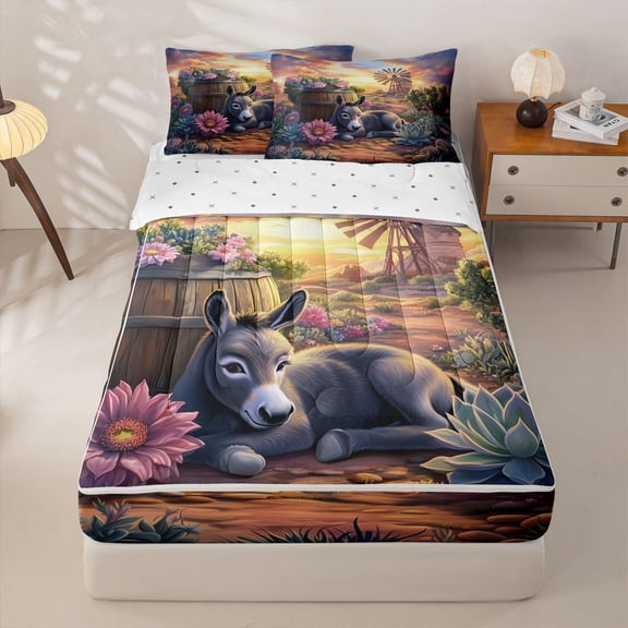 Homewish Donkey Foal Desert Sunset Print Zipper Twin Comforter Sets with Fitted Sheet and 2 Pillowcases,Southwestern Style Zipper Bedding Set For Kids Boys And Girls,Reversible,4 Pieces