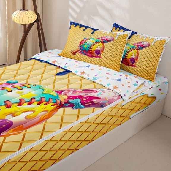 Homewish Donut Baseball Print Kids Zipper Twin Comforter Sets with Fitted Sheet and 2 Pillowcases, Cartoon Ice Cream Zipper Bedding Set, Stars Reversible, 4 Pieces