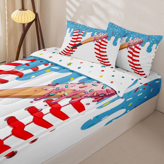 Homewish Donut Baseball Zipper Full Size Comforter Sets with Fitted Sheet and 2 Pillowcases, Blue Ice Cream Sprinkle Zipper Bedding Set for Girls, Polka Dots Reversible, 4pcs