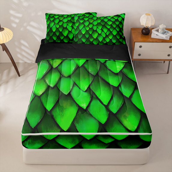 Homewish Dragon Scale Zipper Twin Comforter Sets with Fitted Sheet and 2 Pillowcases,Retro Wildlife Zipper Bedding Set,Green,Black Reversible,4pcs
