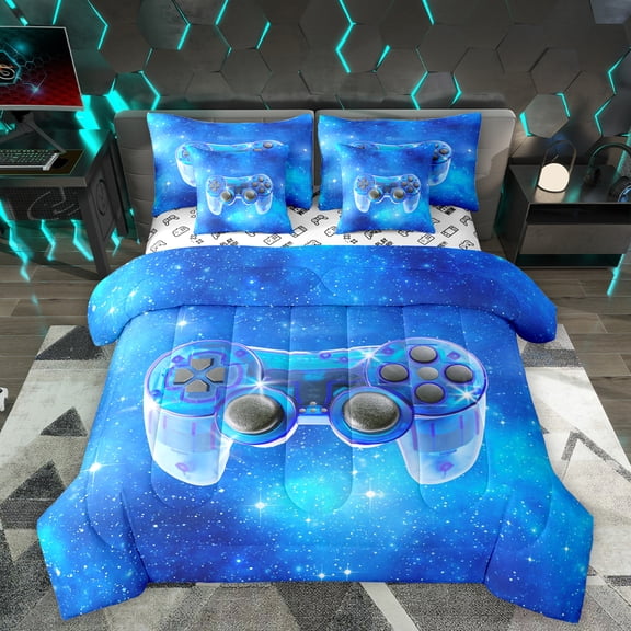 Homewish Dreamy Blue 7-Piece Bedding Comforter Set,Game Console King Bedding Sets,Gamer Gaming Bed Sheets For Boys,Breathable Bedroom Decorative Reversible