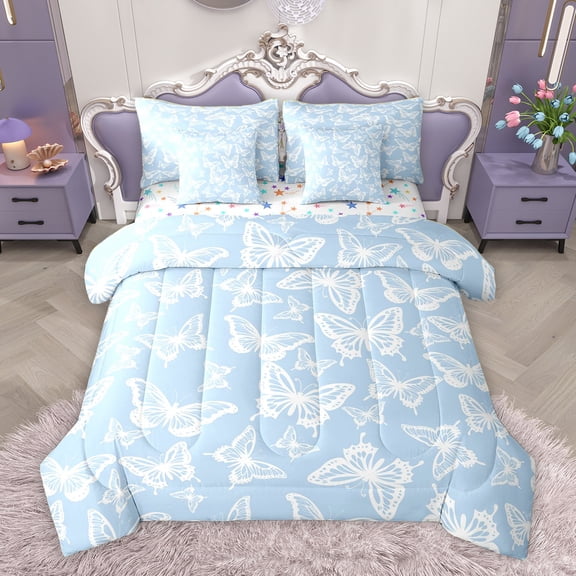 Homewish Dreamy Blue Butterfly Twin Bedding Sets 7-Piece for Kids, Cartoon Moth Animal Bedding Comforter Set, Modern Fashion Style Reversible Sheet Sets, Luxury Bedroom Decor