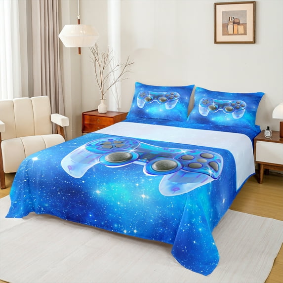 Homewish Dreamy Blue Queen Sheet Sets,Game Console Flat Sheet,Gamer Gaming Queen Fitted Sheet For Boys,Breathable Bedroom Decorative,4 Pieces
