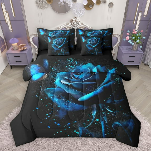 Homewish Dreamy Blue Rose 7 Pieces Bedding Comforter Set,Romantic Flower Full Bedding Set,Glitter Print Fitted Sheet Flat Sheet For Girls Kids,Breathable Home Decor Reversible