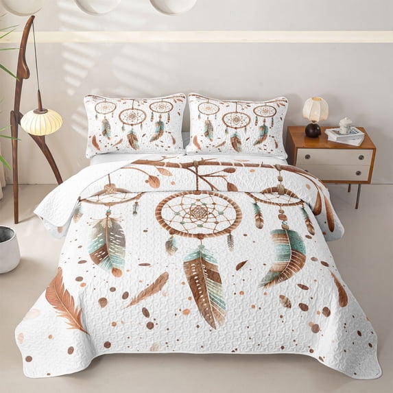 Homewish Dreamy Boho Dreamcatcher Twin Quilt Set,Watercolor Feathers Twin Coverlet Set,2-Piece
