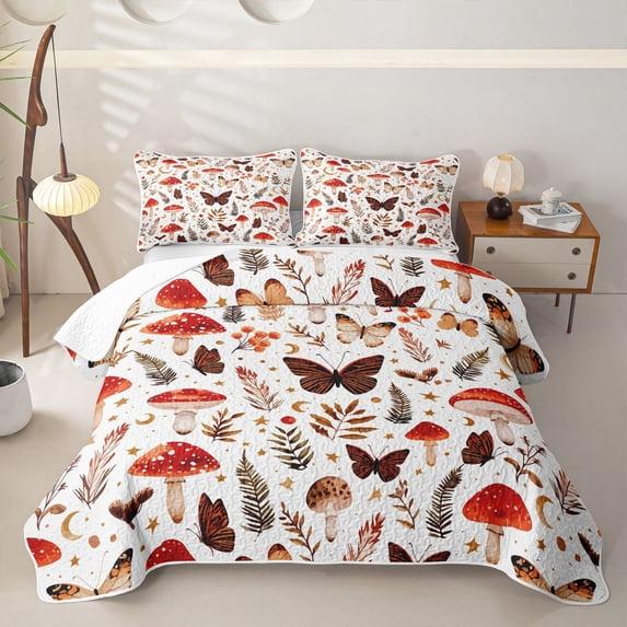 Homewish Dreamy Boho Mushrooms Twin Quilt Set,Butterfly Floral Twin Coverlet Set,White Red,2-Piece