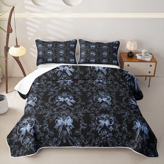 Homewish Dreamy Bow-Tie Twin Quilt Set For Girls,Blue Black Twin Coverlet Set,2 Pieces