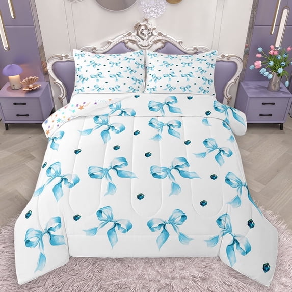 Homewish Dreamy Bow-tie Child Queen Comforter Set, Fairy Tale Bowknot Bedding Sets, Cartoon Princess Style Reversible Bedding Comforter Set, Luxury Bedroom Decor, 3pcs
