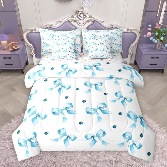 Homewish Dreamy Bow-tie Child Twin Bedding Sets 7-Piece, Fairy Tale Bowknot Bedding Comforter Set, Cartoon Princess Style Reversible Sheet Sets, Luxury Bedroom Decor