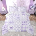 thumbnail image 1 of Homewish Dreamy Bowknot Kids Queen Comforter Set, Fairy Tale Princess Bedding Sets, Cartoon Purple Plaid Bow-tie Reversible Bedding Comforter Set, Super Cozy Room Decor, 3pcs, 1 of 8