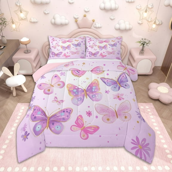 Homewish Dreamy Butterfly Bedding Comforter Set for Kids Girls, Chic Floral Flower Twin Comforter Sets, Cute Purple Pink White Bedding Set, Super Cozy Room Decor