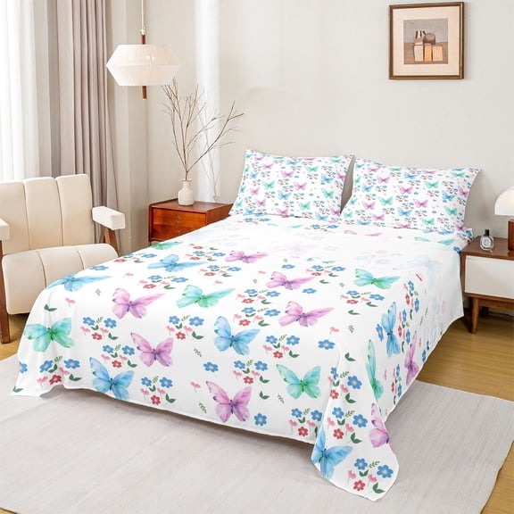 Homewish Dreamy Butterfly Child Bed Sheets, Magic Animal King Sheets, Rustic Flower Floral Sheet Set, Breathable Home Decor, 4 Pieces