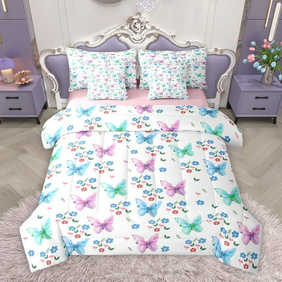 Homewish Dreamy Butterfly Child Bedding Comforter Set 7 Pieces, Magic Animal Full Bedding Set, Rustic Flower Floral Reversible Fitted Sheet Flat Sheet, Breathable Home Decor