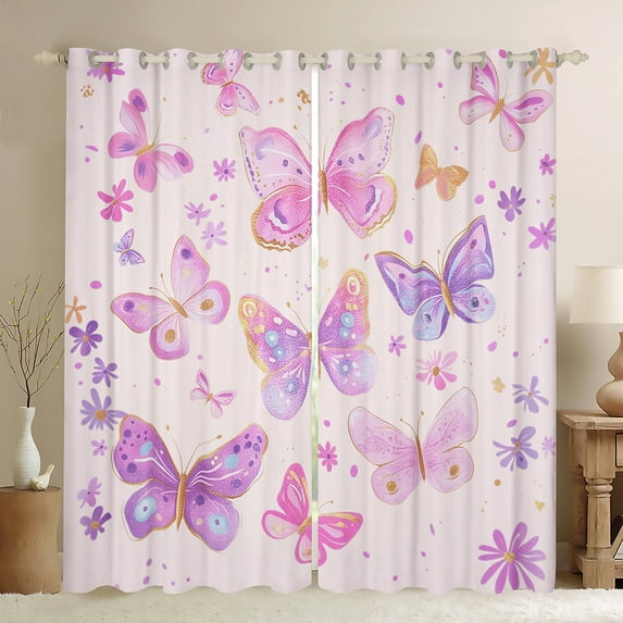 Homewish Dreamy Butterfly Curtains Pack of 2 (42x84 Each) for Kids Girls, Chic Floral Flower Curtains Blackout, Cute Pink Purple Bedroom Curtains, Luxury Bedroom Decor