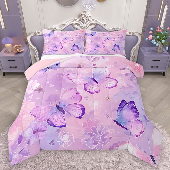 Homewish Dreamy Butterfly Kids Bedding Comforter Set, Blossoms Flower Floral Twin Comforter Sets, Artwork Watercolor Reversible Bedding Set, Luxury Bedroom Decor, 2 Pieces