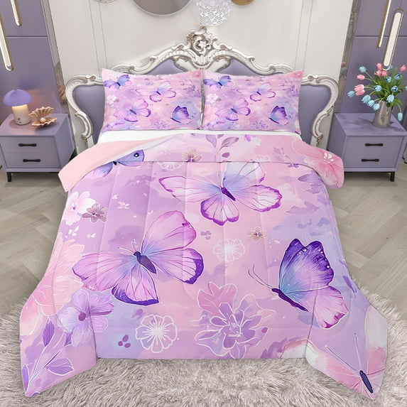 Homewish Dreamy Butterfly Kids Full Size Comforter Sets, Blossoms Flower Floral Bedding Comforter Set, Artwork Watercolor Reversible Bedding Sets, Luxury Bedroom Decor, 3 Pieces