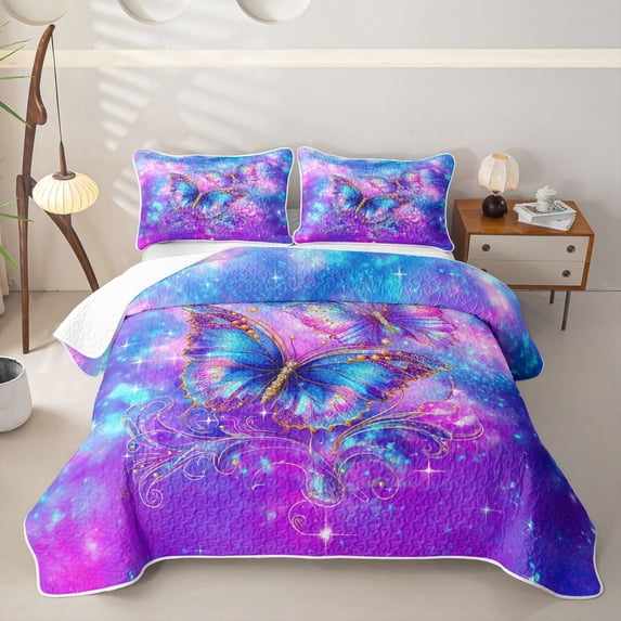 Homewish Dreamy Butterfly Quilt King For Girls,Purple Galaxy King Coverlet Set,3pcs