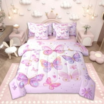 Homewish Dreamy Butterfly Twin Bedding Sets 7-Piece for Kids Girls, Chic Floral Flower Bedding Comforter Set, Cute Purple Pink White Sheet Sets, Super Cozy Room Decor