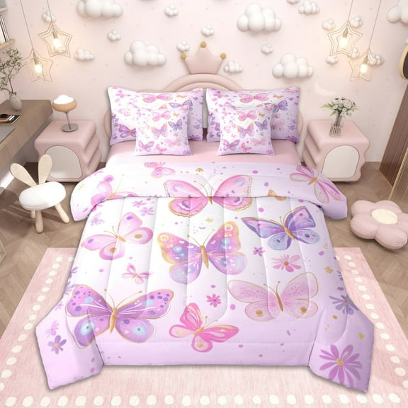 Homewish Dreamy Butterfly Twin Bedding Sets 7-Piece for Kids Girls, Chic Floral Flower Bedding Comforter Set, Cute Purple Pink White Sheet Sets, Super Cozy Room Decor