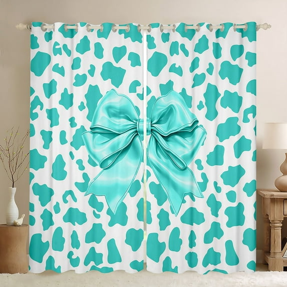 Homewish Dreamy Cartoon Bow Black Out Curtains, Cyan Leopard Cheetah Print Curtains Pack of 2 (42x63 Each), Teens Kids Girls Women Bedroom Curtains, Black Out Curtains Decor