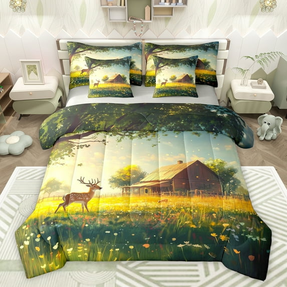 Homewish Dreamy Cartoon Deer Twin Bedding Sets 7-Piece, Western Rustic Cabin Bedding Comforter Set, Anime Animal Theme Reversible Sheet Sets, Microfiber Bedroom Decor