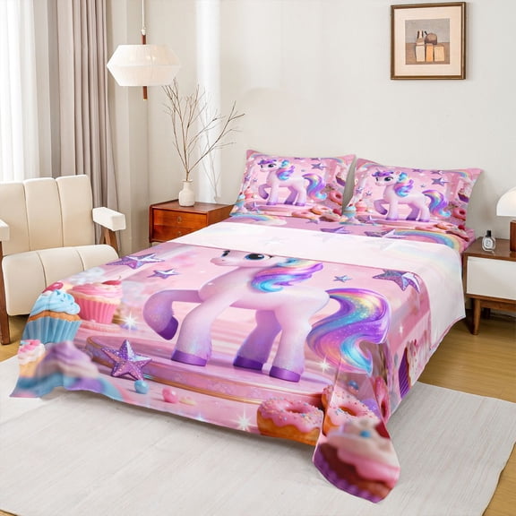 Homewish Dreamy Cartoon Unicorn Twin Sheet Sets for Teen, Cute Stars Rainbow Twin Fitted Sheet, Fairy Tale Theme Flat Sheet, Luxury Bedroom Decor, 3pcs