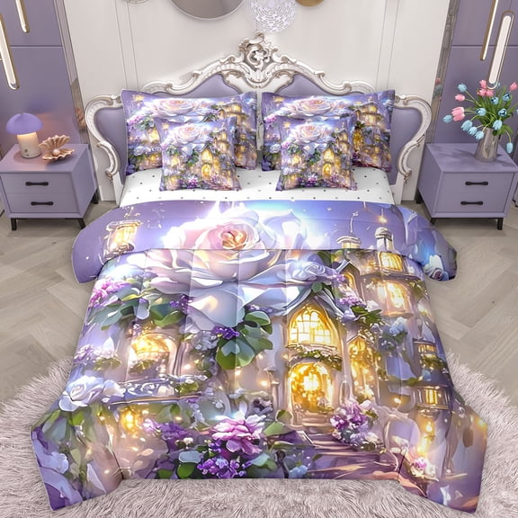 Homewish Dreamy Castle 7-Piece Twin Bedding Sets,Romantic White Rose Bedding Comforter Set,Purple Flower Floral Sheet Sets For Girl,Breathable Home Decor Reversible